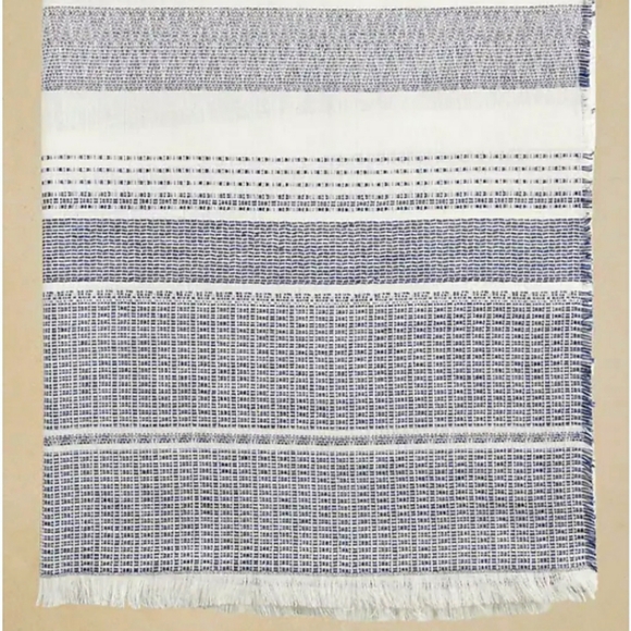 Banana Republic Textured Cotton Linen Striped Scarf White Navy Fringe Edges NWOT - Picture 14 of 15